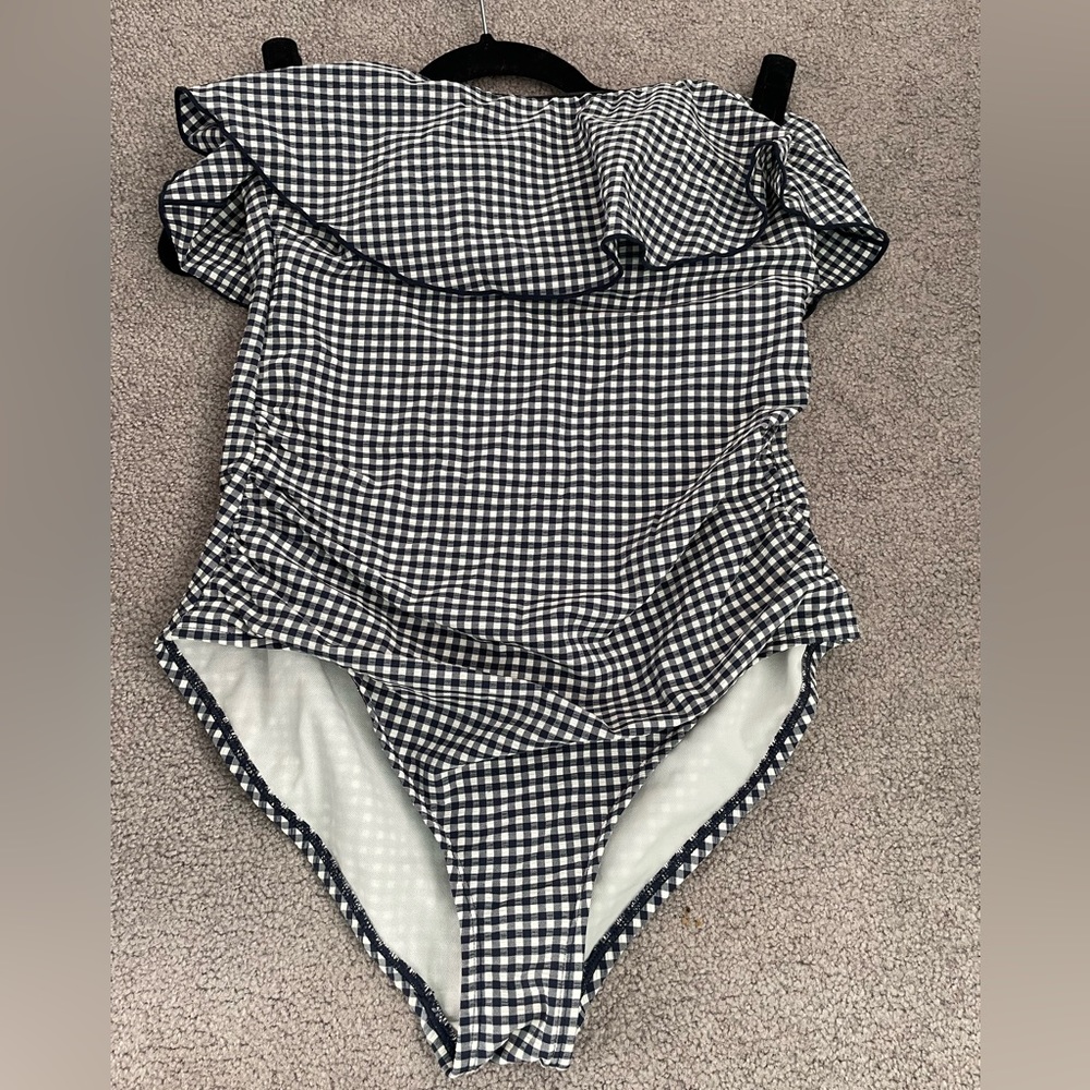 Black and white check one piece swimsuit.